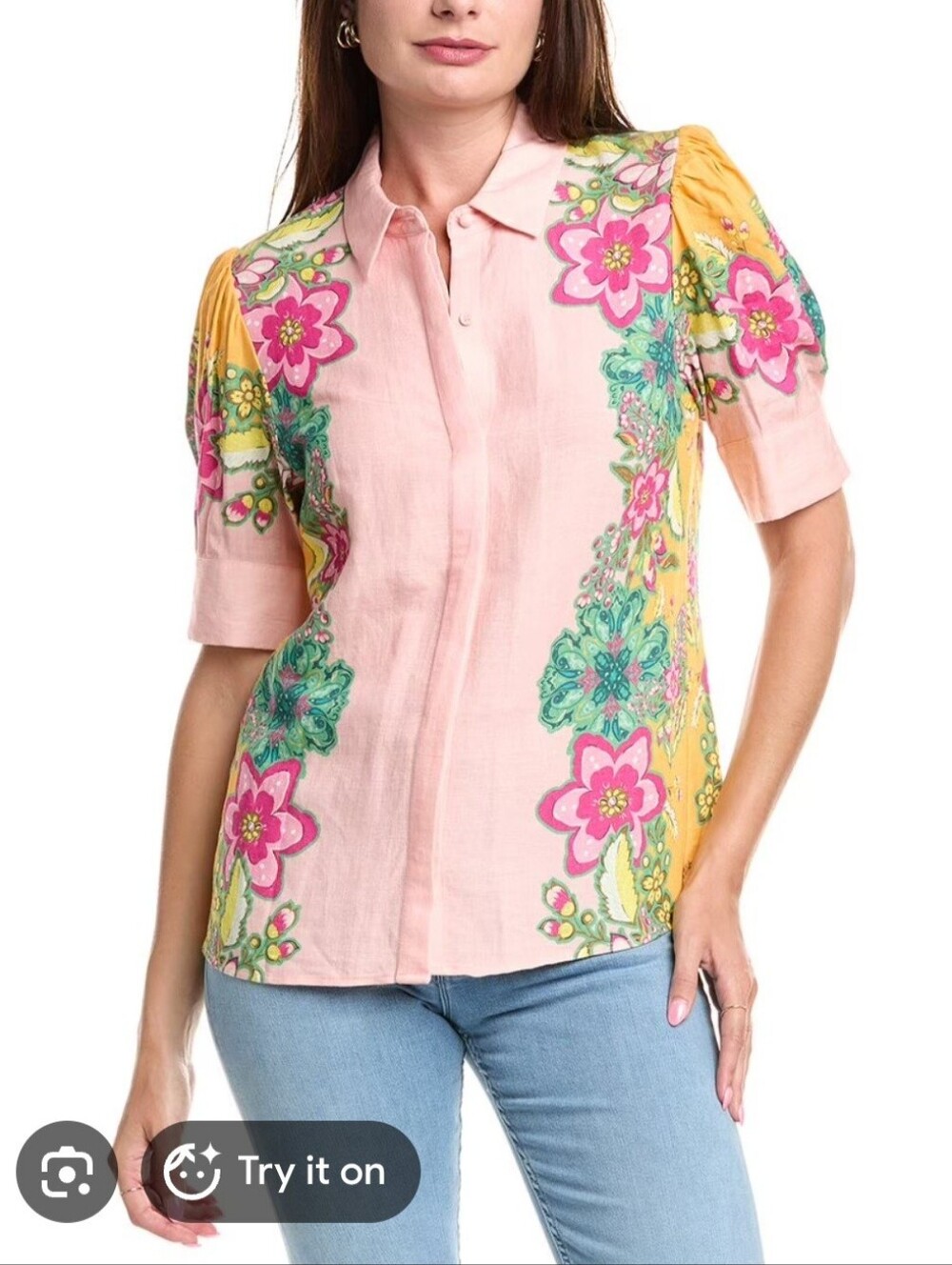 T Tahari Floral Linen Blend Blouse NWT